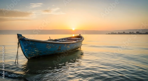 Scenic spiritual landscape of Sea of Galilee at dawn with empty fishing boat illuminated by soft golden rays