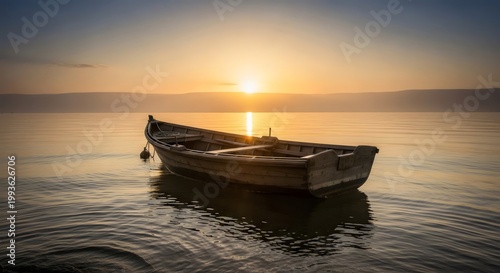Golden dawn mist surrounding empty fishing boat on calm Sea of Galilee creating peaceful spiritual atmosphere