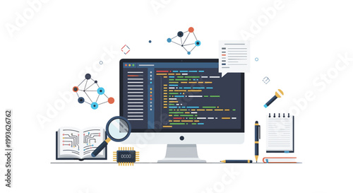 A meticulous software development workstation features a large monitor displaying complex code surrounded by a magnifying glass and various office tools.