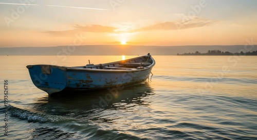 Empty fishing boat floating on calm Sea of Galilee at dawn surrounded by golden mist and soft sunrise light