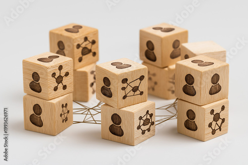Organizational network structure with connected people icons on wooden blocks, showing team collaboration, stakeholder mapping, social graph, and business communication on a light background