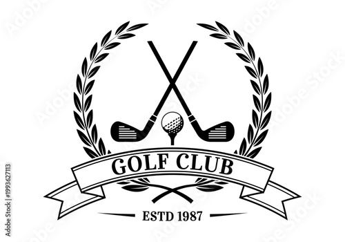 Golf club logo, icon or badge with crossed golf clubs and ball on tee. Vector illustration.  