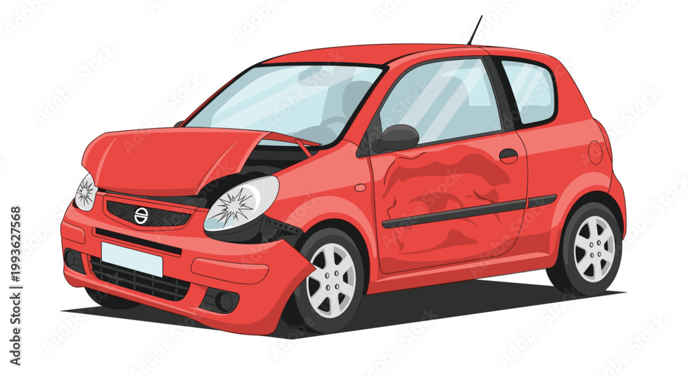 Fototapeta premium A vibrant red hatchback car exhibits a significant dent on its side door and a damaged front bumper following a serious vehicular collision on white surface.