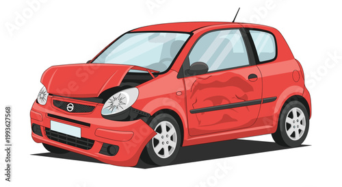 A vibrant red hatchback car exhibits a significant dent on its side door and a damaged front bumper following a serious vehicular collision on white surface.