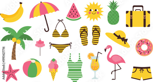 Summer Vacation Essentials Collection with Beach Accessories, Swimsuit, Fruits, Umbrella, Flamingo, and Travel Items for Holiday and Tropical Lifestyle Illustration