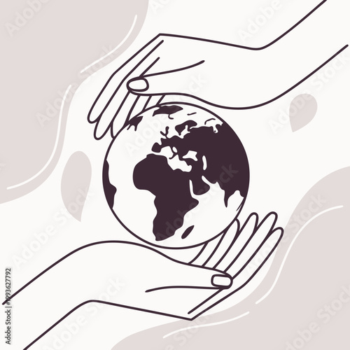 Outline of hands protecting earth globe with abstract background, line art