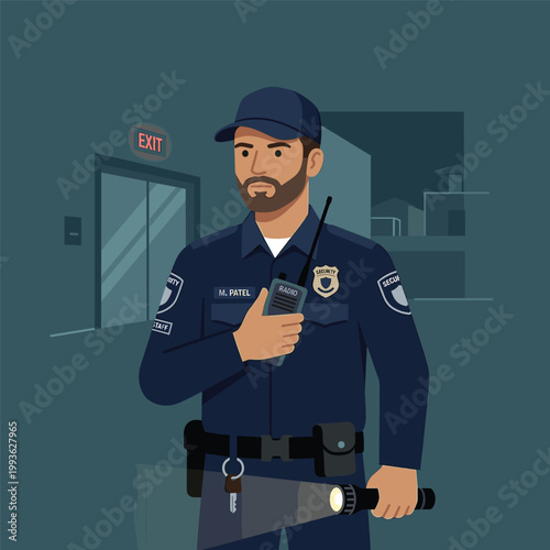 Security Guard In Night With Radio With Flashlight