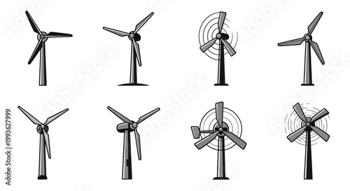 Set of Wind Turbines in Various Styles and Poses.