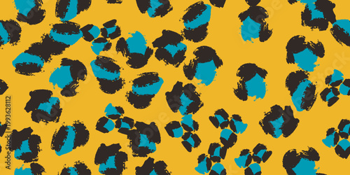 A seamless vector leopard pattern in black, cyan on mustard yellow background with hand-painted brushstroke spots