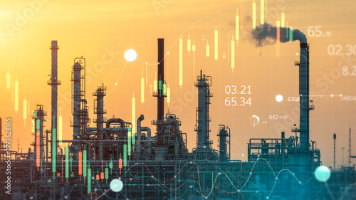 Industrial oil refinery complex at sunset with stock market financial charts overlay factory petrochemical