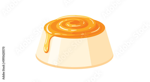 A pristine white panna cotta dessert features a generous swirl of glistening amber honey dripping down its side against a minimalist white background.