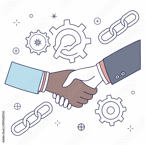 Business handshake with gears and chain links collaboration illustration