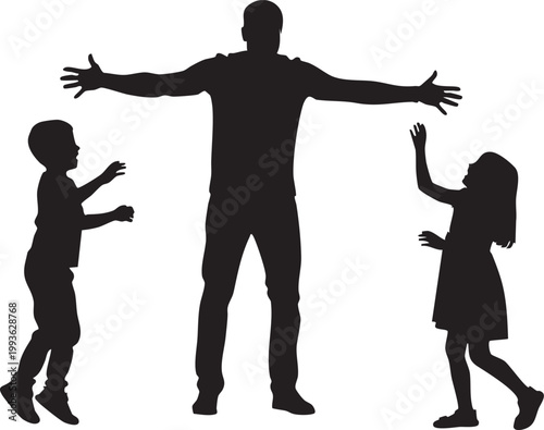Father silhouette with open arms welcoming children, happy family reunion vector, dad hugging son and daughter, parenting and childhood concept