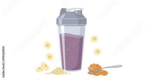 A sleek grey protein shaker bottle filled with a thick purple berry smoothie stands surrounded by floating banana slices and a pile of dry oats.