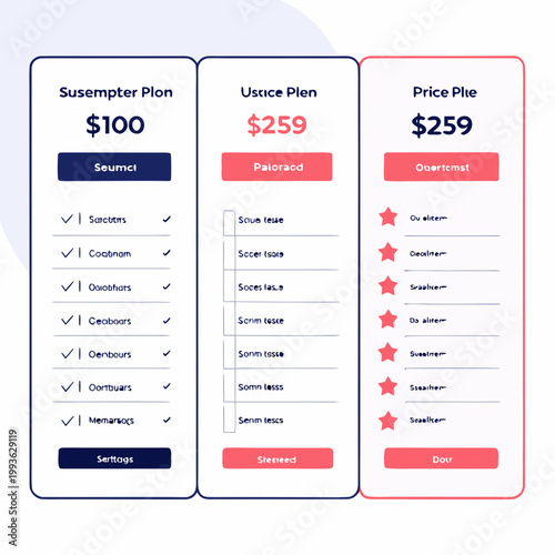 Three column web pricing table with different subscription tiers, subscription