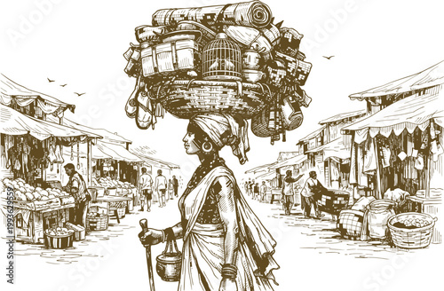 African Woman Head Load Busy Market Street