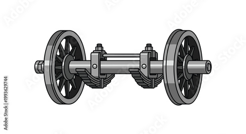 A robust industrial train axle assembly consisting of two large spoked wheels and heavy leaf spring suspension is isolated on a clean white background.