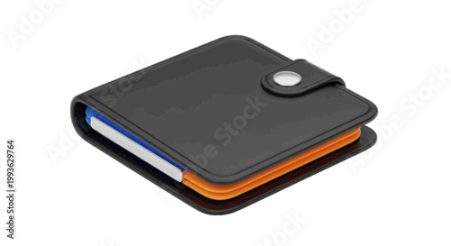 Vector illustration of black leather wallet with snap button closure and colorful card slots on a transparent background