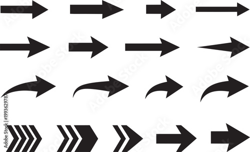 Collection of diverse black arrow icons representing direction and movement perfect for web design UI elements and infographics isolated on white
