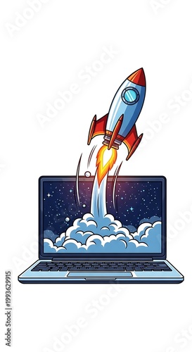 Rocket Launching from Laptop Screen - Digital Innovation Concept.