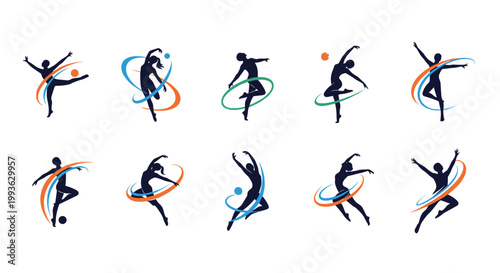 Collection of rhythmic gymnastics silhouettes performing various poses with ribbons and hoops highlighted by colorful blue and orange flowing lines.