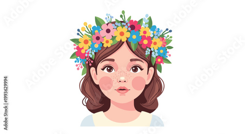 A charming young girl with soft brown hair and delicate freckles gazes forward while wearing a lush crown of multicolored spring wildflowers on white.