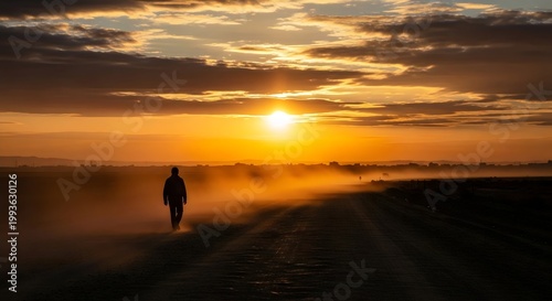 Serene golden hour scene of silhouette walking along dusty road under radiant sky