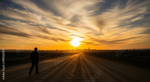 Atmospheric evening landscape with lone figure walking on dusty road illuminated by warm sunset light