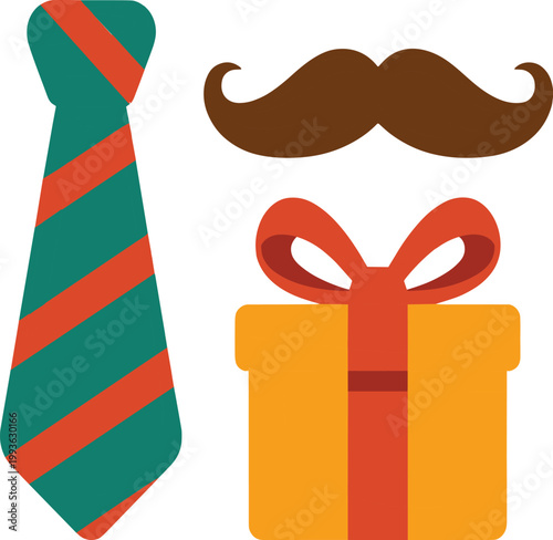 Green and orange striped tie, brown mustache, and yellow gift box with red ribbon vector illustration EPS PNG file