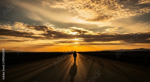 Lone silhouette moving across dusty road under dramatic evening sky filled with warm light