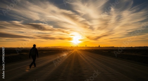 Atmospheric sunset scene with lone traveler walking toward horizon on dusty road