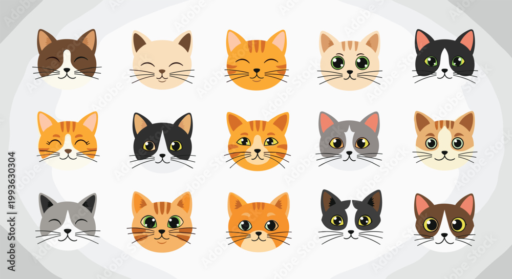 Obraz premium Delightful collection of various cat face illustrations featuring different breeds, colors, and expressions in a clean and cute cartoon style.