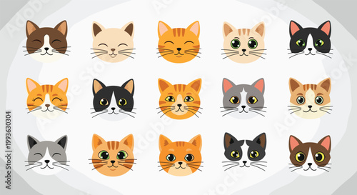 Delightful collection of various cat face illustrations featuring different breeds, colors, and expressions in a clean and cute cartoon style.