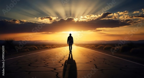 Moody atmospheric landscape of lone walker on dusty road under dramatic sunset sky