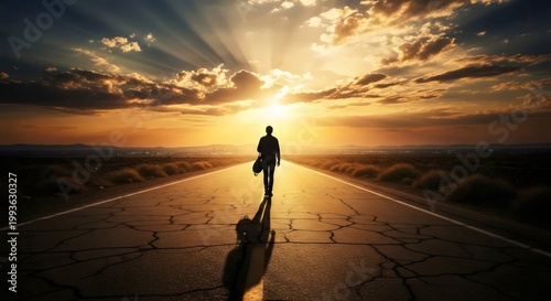 Peaceful sunset moment with silhouette walking along dirt path surrounded by soft golden glow