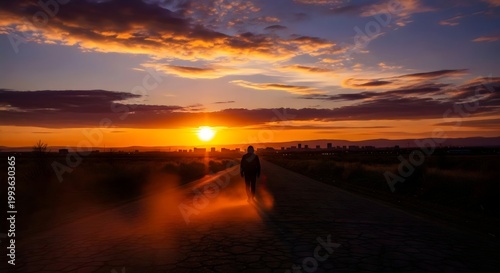 Atmospheric scene of solitary silhouette on dusty trail illuminated by golden sunset rays and drifting clouds