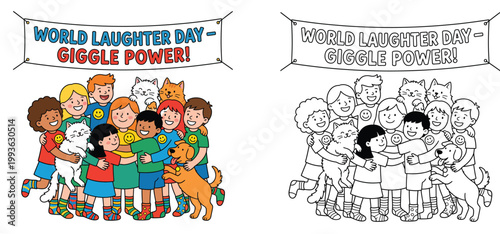 Diverse Kids Hugging Dogs and Cats for World Laughter Day Banner, Vector Set with Color and Line Art for Kids Coloring Book Page