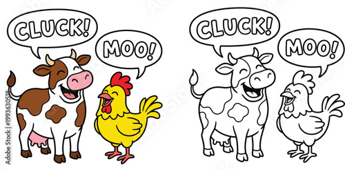Happy Cartoon Cow and Chicken Making Sounds Farm Animals Illustration