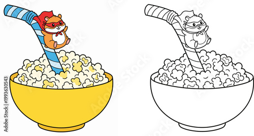 Super Hamster Sliding Down a Straw into a Bowl of Popcorn Cute Cartoon Illustration