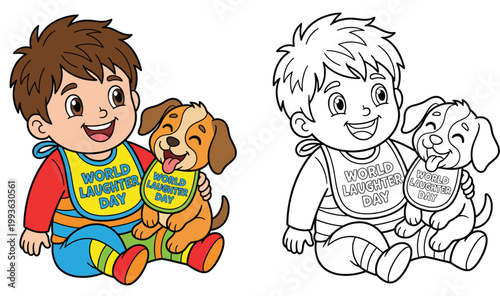 World Laughter Day Illustration of Baby Boy and Puppy Wearing Bibs, Color and Line Art Set for Kids Coloring Book Vector Drawing