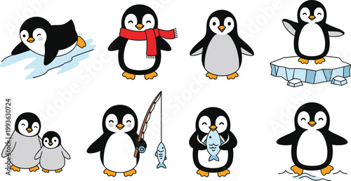 Set of Cute Penguin Illustrations in Various Poses and Activities for Wildlife, Nature, and Arctic Designs, Vector Art