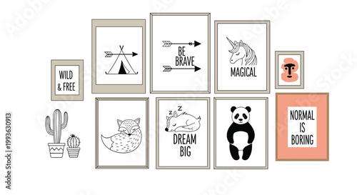 Minimalist nursery wall art collection featuring cute animals and inspirational quotes for a child's bedroom decoration.