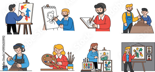 Set of Artist Illustrations in Various Poses with Painting, Drawing, and Sculpting for Art, Creativity, and Design, Vector Art