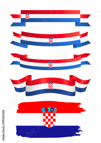 Croatia flag ribbon set with national coat of arms, red white and blue croatian banners, hand painted brush stroke flag vector illustration