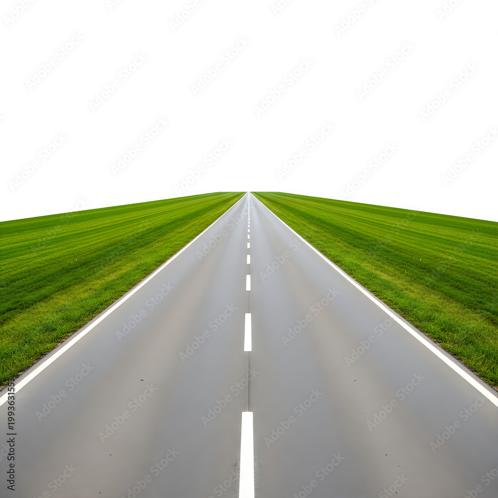 Obraz premium Empty road stretching to horizon with green grassy banks and white dividing lines.