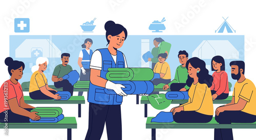 Aid worker distributes blankets to refugees in a shelter, symbolizing humanitarian help and support.