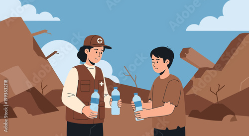 Aid worker gives water bottle to survivor in disaster zone, humanitarian help concept