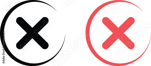 X mark icon set, bold black and red cross symbols with curved line accents representing cancel reject delete and error notification graphics.