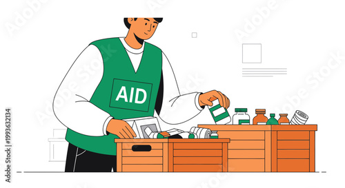 Aid worker organizing medical supplies for humanitarian relief and emergency response