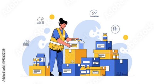 Aid worker organizing donation boxes with relief supplies during a disaster, waves background